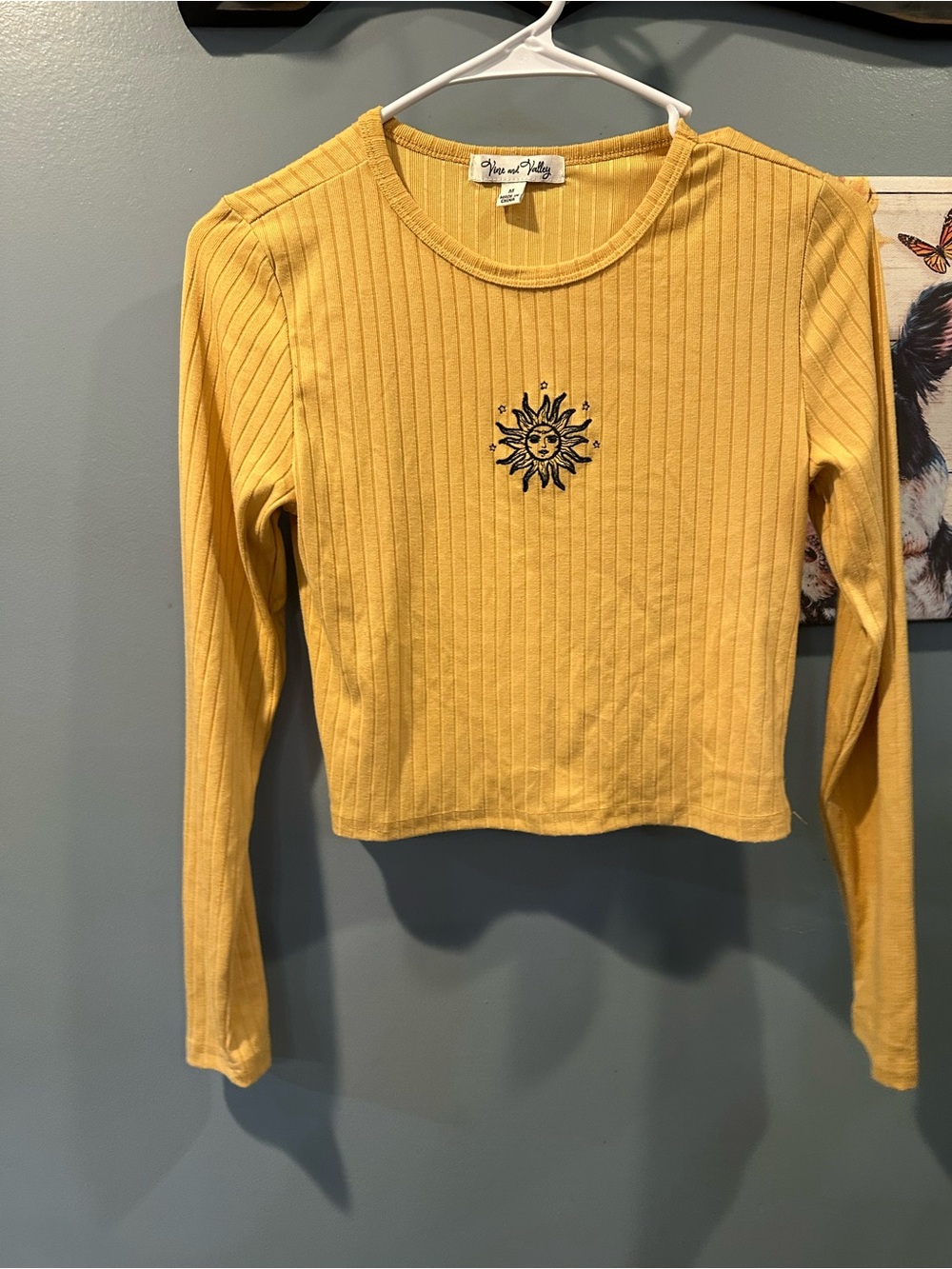 Sun Embroidered Ribbed Long-Sleeve Crop Top - Mustard